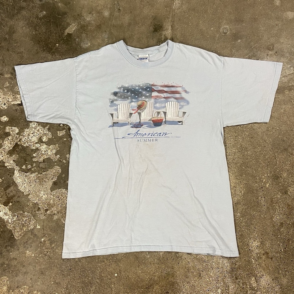 Vintage Gildan T-shirt Size Large Blue American Summer Graphic Casual Wear